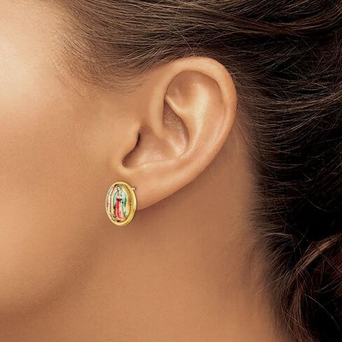 Stainless Steel Polished Yellow IP-plated Enameled Our Lady of Guadalupe Button Stud Earrings for Women (L- 0.63 Inch, W-0.48 Inch), White, AFJ-QG-SRE1386-PK in Saudi Arabia