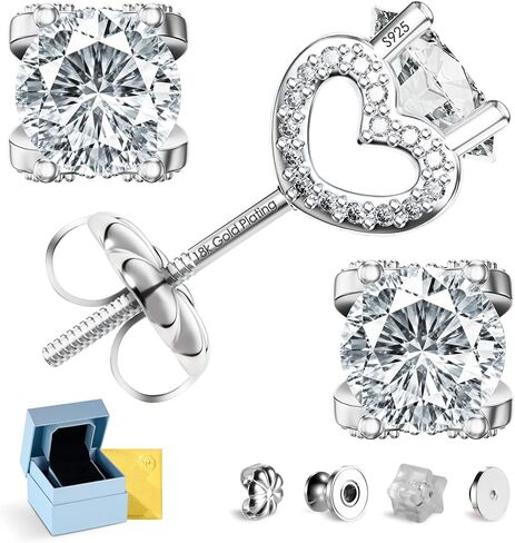Moissanite Earrings Screw Back, Lab Round Cut Fake Diamond Stud Earrings for Women, 18K White Gold Plated 925 Sterling Silver Hypoallergenic Heart Earrings, D Color VVS1 Clarity Lab Created Moissanite for Gift(0.5-3ct) in Saudi Arabia