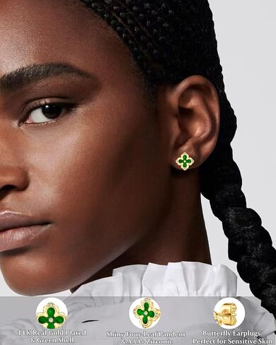 Four Leaf Clover Earrings - 14K Gold Plated Mother of Pearl Aretes With Zircon Flower Stud 13mm Dainty Hypoallergenic Non-Tarnish Lightweight Luxury Gifts Favors Jewelry for Women in Saudi Arabia