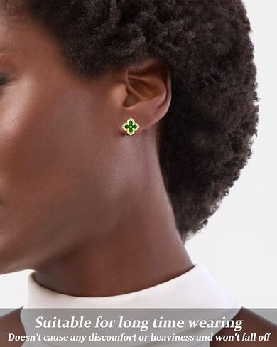 Four Leaf Clover Earrings - 14K Gold Plated Mother of Pearl Aretes With Zircon Flower Stud 13mm Dainty Hypoallergenic Non-Tarnish Lightweight Luxury Gifts Favors Jewelry for Women in Saudi Arabia