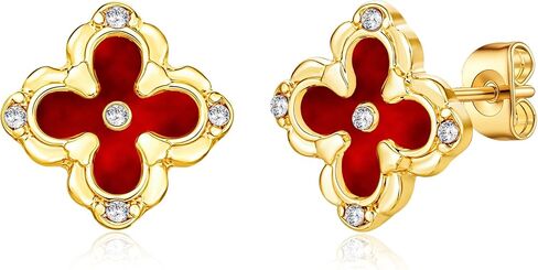 Four Leaf Clover Earrings - 14K Gold Plated Mother of Pearl Aretes With Zircon Flower Stud 13mm Dainty Hypoallergenic Non-Tarnish Lightweight Luxury Gifts Favors Jewelry for Women in Saudi Arabia