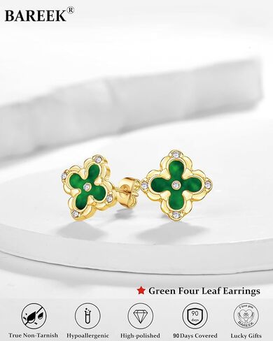 Four Leaf Clover Earrings - 14K Gold Plated Mother of Pearl Aretes With Zircon Flower Stud 13mm Dainty Hypoallergenic Non-Tarnish Lightweight Luxury Gifts Favors Jewelry for Women in Saudi Arabia