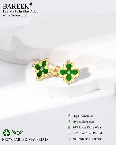 Four Leaf Clover Earrings - 14K Gold Plated Mother of Pearl Aretes With Zircon Flower Stud 13mm Dainty Hypoallergenic Non-Tarnish Lightweight Luxury Gifts Favors Jewelry for Women in Saudi Arabia