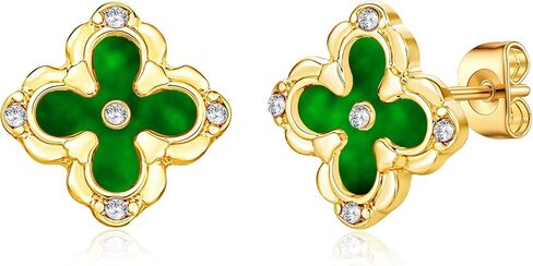 Four Leaf Clover Earrings - 14K Gold Plated Mother of Pearl Aretes With Zircon Flower Stud 13mm Dainty Hypoallergenic Non-Tarnish Lightweight Luxury Gifts Favors Jewelry for Women in Saudi Arabia
