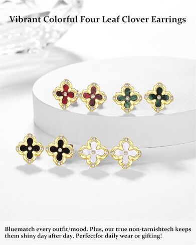 Four Leaf Clover Earrings - 14K Gold Plated Mother of Pearl Aretes With Zircon Flower Stud 13mm Dainty Hypoallergenic Non-Tarnish Lightweight Luxury Gifts Favors Jewelry for Women in Saudi Arabia