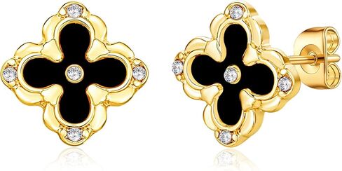 Four Leaf Clover Earrings - 14K Gold Plated Mother of Pearl Aretes With Zircon Flower Stud 13mm Dainty Hypoallergenic Non-Tarnish Lightweight Luxury Gifts Favors Jewelry for Women in Saudi Arabia