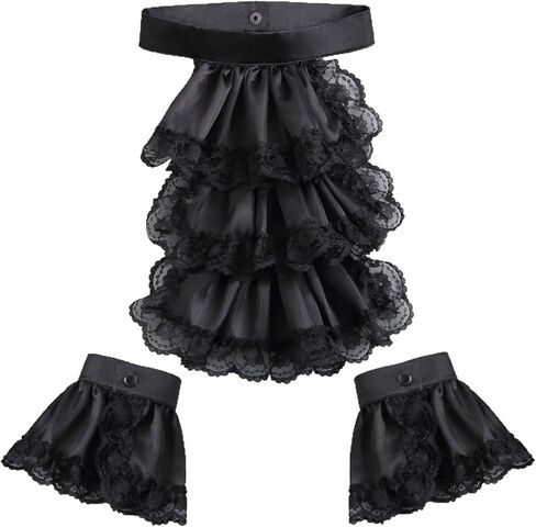 XEPST 3 Pieces Colonial Unisex Lace Jabot Collar and Cuffs Set, Black Victorian Lace Jabot Neck Ruff Collar Costume Accessory for Women Men Victorian Colonial Costume in Saudi Arabia