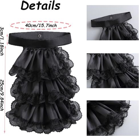 XEPST 3 Pieces Colonial Unisex Lace Jabot Collar and Cuffs Set, Black Victorian Lace Jabot Neck Ruff Collar Costume Accessory for Women Men Victorian Colonial Costume in Saudi Arabia