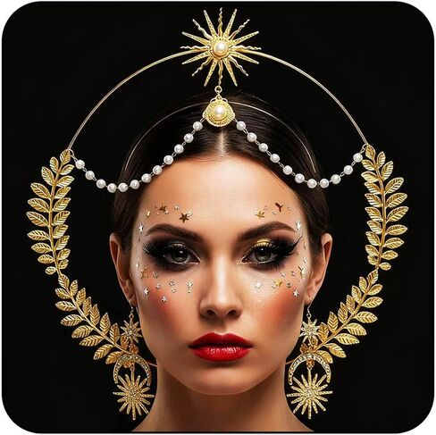 Sixexey Halo Crown Set Golden Greek Goddess Headband Earrings Bridal Wedding Tiara Mary Halo Headpiece Celestial Cosplay Costume Accessories for Women in Kuwait