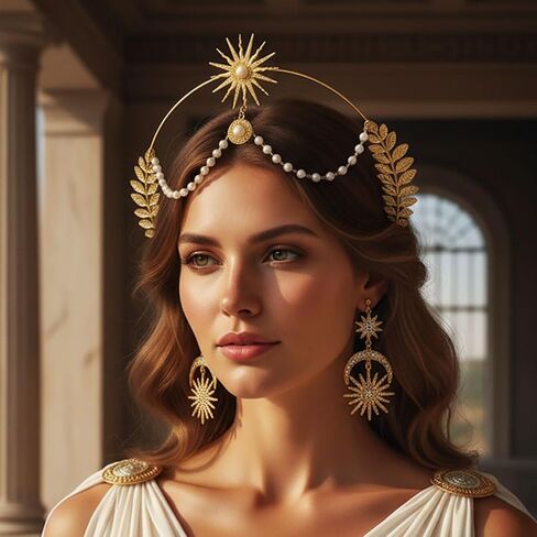 Sixexey Halo Crown Set Golden Greek Goddess Headband Earrings Bridal Wedding Tiara Mary Halo Headpiece Celestial Cosplay Costume Accessories for Women in Kuwait