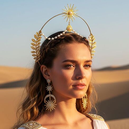 Sixexey Halo Crown Set Golden Greek Goddess Headband Earrings Bridal Wedding Tiara Mary Halo Headpiece Celestial Cosplay Costume Accessories for Women in Kuwait