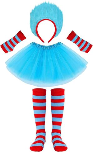 4pcs Blue Tulle Tutu Costume Set Blue Tutu Cosplay Set with Tutu Skirt Fuzzy Headbands Red Blue High Socks Sleeves for World Book Day Halloween Cosplay in Kuwait