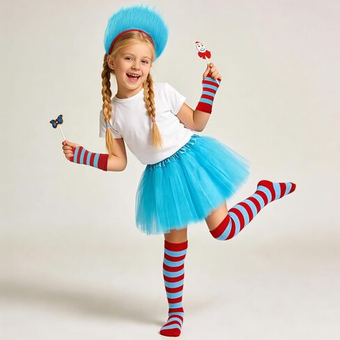 4pcs Blue Tulle Tutu Costume Set Blue Tutu Cosplay Set with Tutu Skirt Fuzzy Headbands Red Blue High Socks Sleeves for World Book Day Halloween Cosplay in Kuwait
