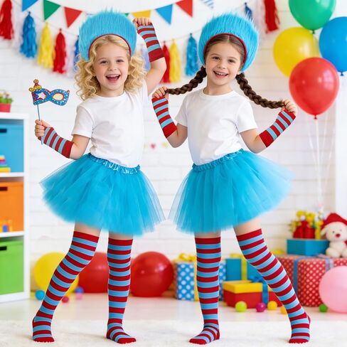 4pcs Blue Tulle Tutu Costume Set Blue Tutu Cosplay Set with Tutu Skirt Fuzzy Headbands Red Blue High Socks Sleeves for World Book Day Halloween Cosplay in Kuwait