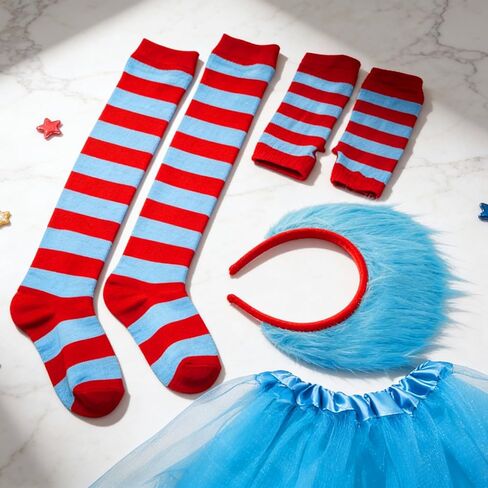4pcs Blue Tulle Tutu Costume Set Blue Tutu Cosplay Set with Tutu Skirt Fuzzy Headbands Red Blue High Socks Sleeves for World Book Day Halloween Cosplay in Kuwait