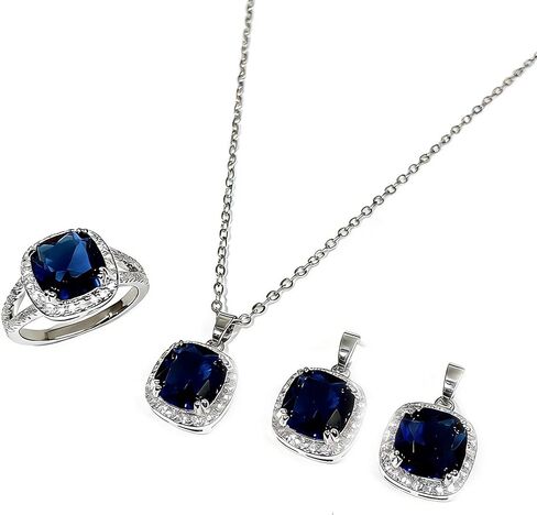 طقم مجوهرات من الياقوت الأزرق مطلي بالذهب الأبيض عيار 18 قيراط للنساء، مجموعة مجوهرات الزفاف مع قلادة وخاتم وحلق للعروس ووصيفة العروس والياقوت الأزرق والزركون والأقراط الدائري مقاس 9 in Kuwait