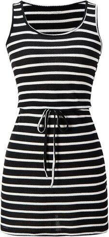 Women's Striped Scoop Neck Tank Dress Summer Drawstring Sleeveless Knit Mini Dresses in Saudi Arabia