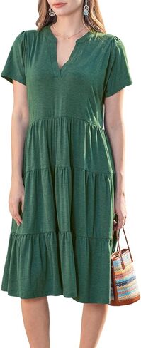 Womens Summer Dress Short Sleeve V Neck Midi Dresses Fashion Casual Fit Flowy Tiered Boho Beach Vacation in Saudi Arabia