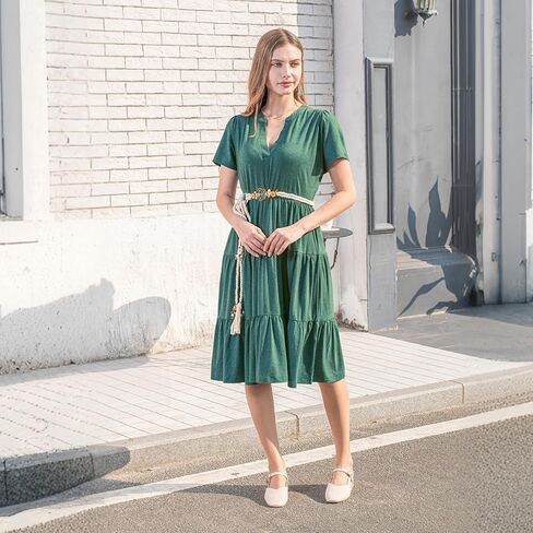 Womens Summer Dress Short Sleeve V Neck Midi Dresses Fashion Casual Fit Flowy Tiered Boho Beach Vacation in Saudi Arabia