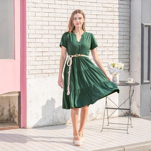 Womens Summer Dress Short Sleeve V Neck Midi Dresses Fashion Casual Fit Flowy Tiered Boho Beach Vacation in Saudi Arabia