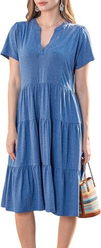 Womens Summer Dress Short Sleeve V Neck Midi Dresses Fashion Casual Fit Flowy Tiered Boho Beach Vacation in Saudi Arabia