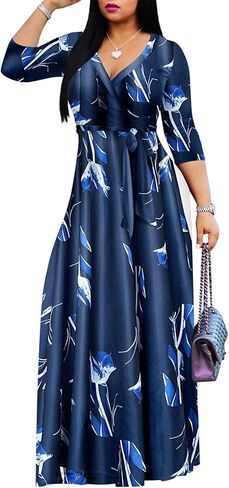 Women's Floral Maxi Dress Summer Casual V-Neck 3/4 Sleeve Long Bohemian Print Evening Party Dress in Saudi Arabia