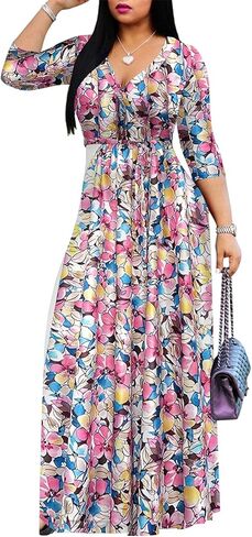 Women's Floral Maxi Dress Summer Casual V-Neck 3/4 Sleeve Long Bohemian Print Evening Party Dress in Saudi Arabia