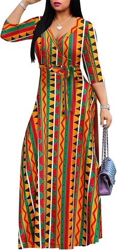 Women's Floral Maxi Dress Summer Casual V-Neck 3/4 Sleeve Long Bohemian Print Evening Party Dress in Saudi Arabia