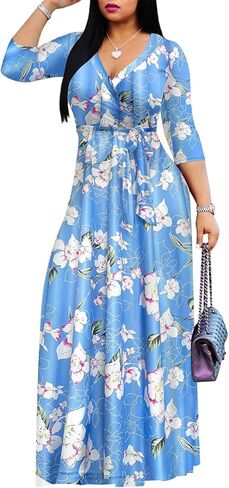 Women's Floral Maxi Dress Summer Casual V-Neck 3/4 Sleeve Long Bohemian Print Evening Party Dress in Saudi Arabia