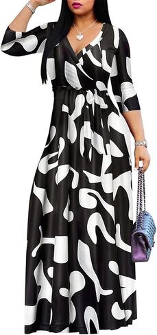 Women's Floral Maxi Dress Summer Casual V-Neck 3/4 Sleeve Long Bohemian Print Evening Party Dress in Saudi Arabia