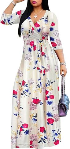 Women's Floral Maxi Dress Summer Casual V-Neck 3/4 Sleeve Long Bohemian Print Evening Party Dress in Saudi Arabia