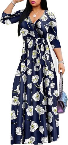 Women's Floral Maxi Dress Summer Casual V-Neck 3/4 Sleeve Long Bohemian Print Evening Party Dress in Saudi Arabia