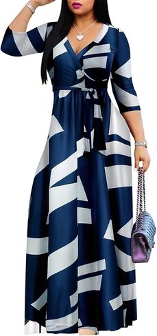 Women's Floral Maxi Dress Summer Casual V-Neck 3/4 Sleeve Long Bohemian Print Evening Party Dress in Saudi Arabia