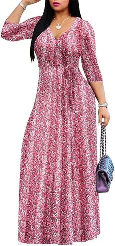 Women's Floral Maxi Dress Summer Casual V-Neck 3/4 Sleeve Long Bohemian Print Evening Party Dress in Saudi Arabia