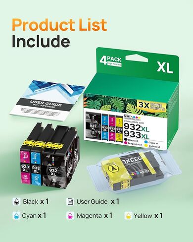 خرطوشة حبر بديلة متوافقة مع حبر E-Z لحزمة HP 932xl 933xl كومبو للاستخدام مع طابعة Officejet 6600 6100 6700 7110 7510 7610 7612 (1 أسود، 1 سماوي، 1 أرجواني، 1 أصفر) 4 عبوات in Saudi Arabia