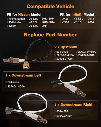 234-9135 Oxygen Sensor Upstream Downstream Compatible with Infiniti 2013 JX35 2014 QX60 3.5L V6, 234-4595 234-4599 O2 Sensor Fits for Nissan 2013-2014 Altima Sadan Pathfinder Quest 3.5L V6, 4 Pcs in Saudi Arabia