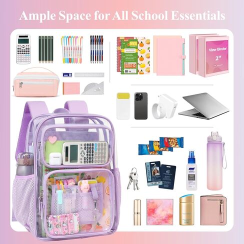 PACKISM Clear Backpack for School - 17 inch Large Heavy Duty Bookbag for girls, Reinforced See Through PVC Transparent Backpack for Students, Cute Purple (Age 12+) in Kuwait