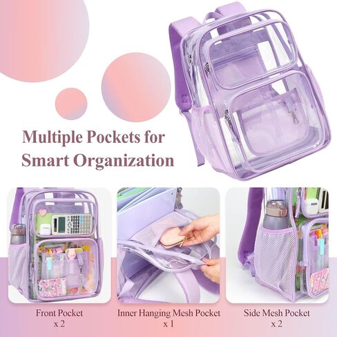 PACKISM Clear Backpack for School - 17 inch Large Heavy Duty Bookbag for girls, Reinforced See Through PVC Transparent Backpack for Students, Cute Purple (Age 12+) in Kuwait