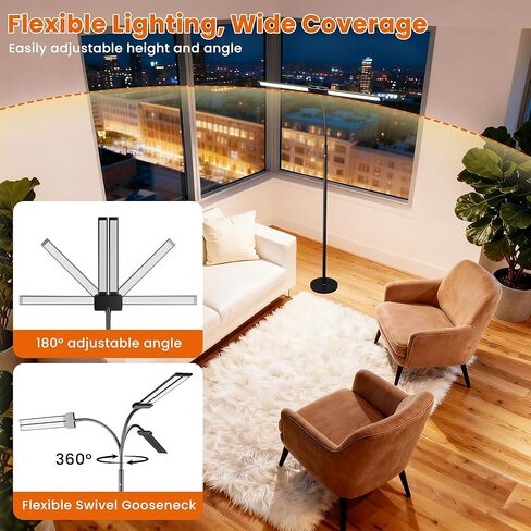 Cordless Floor Lamp LED Rechargeable - 15W Dual Head Adjustable Gooseneck Reading Light, 8000mAh Battery, Touch Control IP54 Waterproof, for Living Room, Bedroom & Emergency Lighting in Saudi Arabia