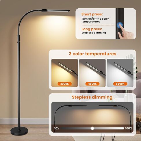 Cordless Floor Lamp LED Rechargeable - 15W Dual Head Adjustable Gooseneck Reading Light, 8000mAh Battery, Touch Control IP54 Waterproof, for Living Room, Bedroom & Emergency Lighting in Saudi Arabia