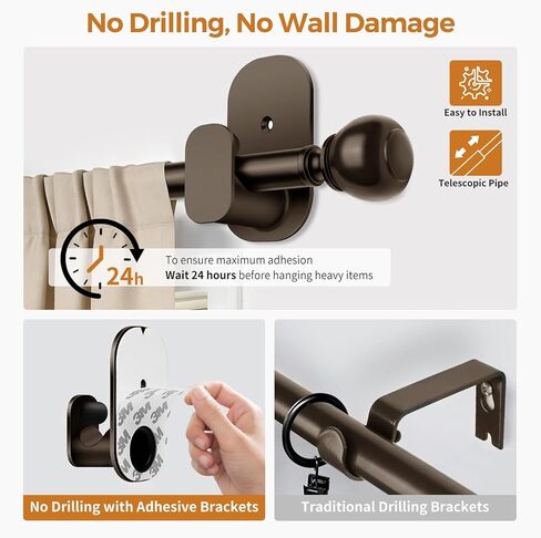 2 Pack Bronze Curtain Rods for Windows No Drilling 16 to 30 Inch, USFOOK 5/8 Inch No Drill Curtain Rod with 3M Adhesive Brackets, Apartment Friendly Drapery Rods with Round Finials in Kuwait