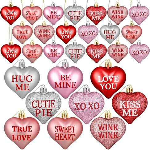 60 Pcs Valentine's Day Heart Ornaments Valentine Decoration Red Pink Silver Glitter Heart Shaped Baubles Hanging Ornaments for Valentine Tree Romantic Wedding Anniversary Party, 6 Styles in Kuwait