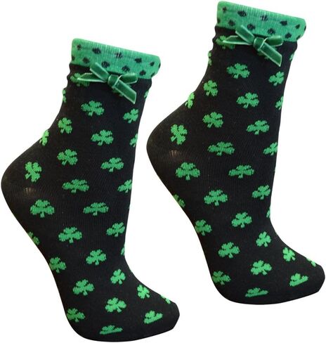 Ladies Black Socks With Green Shamrock Print, White Trim & Green Ribbon in Kuwait