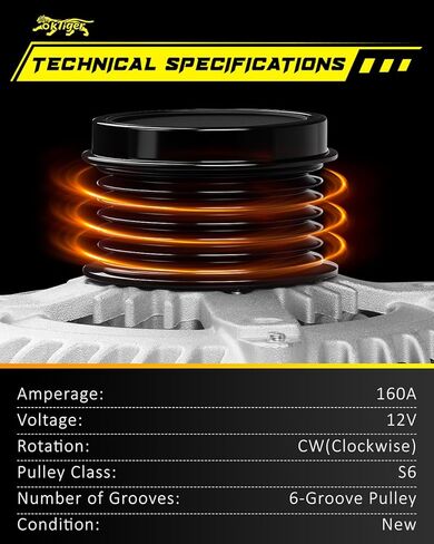Oktiger Upgraded Alternator for Chrysler Town and Country 2011 2012 2013 2014 2015 2016 3.6L, for Dodge Grand Caravan 2011-2018, Journey Avenger, 12V 160A Clockwise 6-Groove Pulley, OE 04801624AD in Kuwait