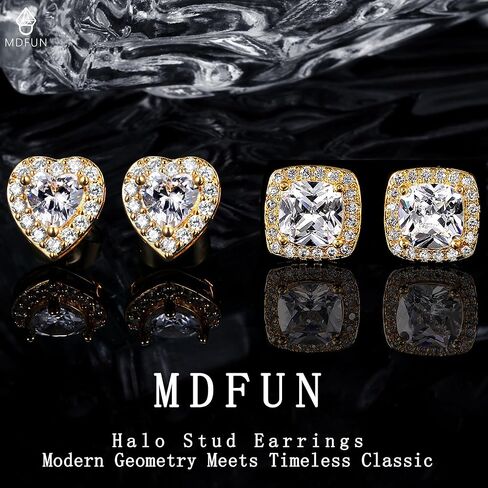MDFUN هالة أقراط مطلية بالذهب عيار 18 قيراط مستديرة/مربع/قلب/دمعة طقم أقراط زركونيا مكعب للنساء in Saudi Arabia