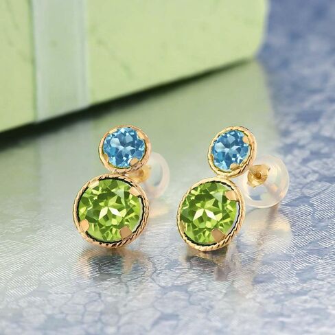 Gem Stone King 14K Yellow Gold Green Peridot and Swiss Blue Topaz Earrings For Women (2.46 Cttw, Gemstone August Birthstone, Round Cut 6MM and 4MM) in Saudi Arabia
