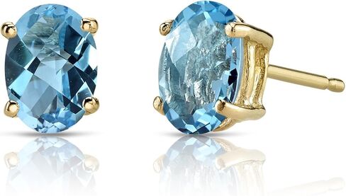 Peora 14K Yellow Gold Swiss Blue Topaz Earrings for Women, Genuine Gemstone Classic Solitaire Studs, 7x5mm Oval Shape, 2 Carats total, Friction Back, Blue Earrings, December Birthstone Earrings in Saudi Arabia