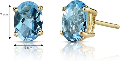 Peora 14K Yellow Gold Swiss Blue Topaz Earrings for Women, Genuine Gemstone Classic Solitaire Studs, 7x5mm Oval Shape, 2 Carats total, Friction Back, Blue Earrings, December Birthstone Earrings in Saudi Arabia