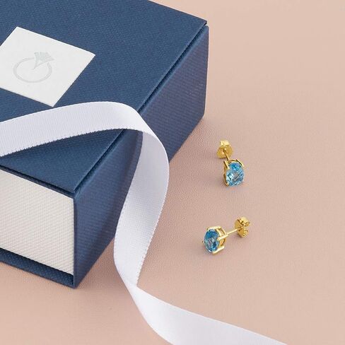 Peora 14K Yellow Gold Swiss Blue Topaz Earrings for Women, Genuine Gemstone Classic Solitaire Studs, 7x5mm Oval Shape, 2 Carats total, Friction Back, Blue Earrings, December Birthstone Earrings in Saudi Arabia