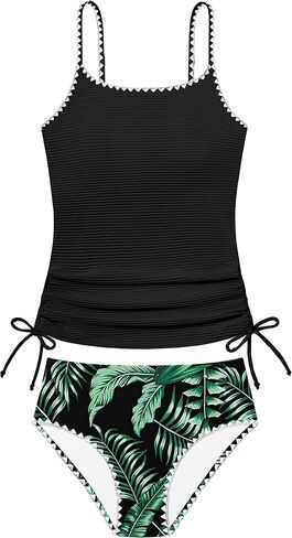 Girls Tankini Swimsuit 2 Piece Set Unique Edge Girl Bathing Suit with Drawstring + Swim Briefs Swimwear Set for 9-16Y in Saudi Arabia